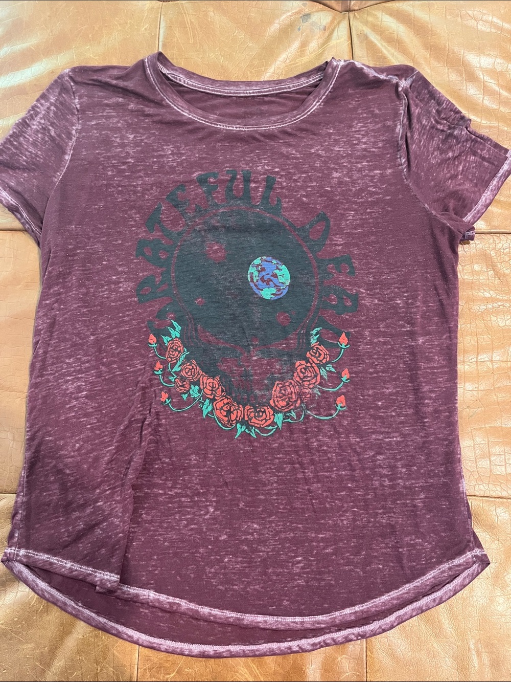 Grateful Dead Burnout Maroon Tee with Rose Skull Graphic